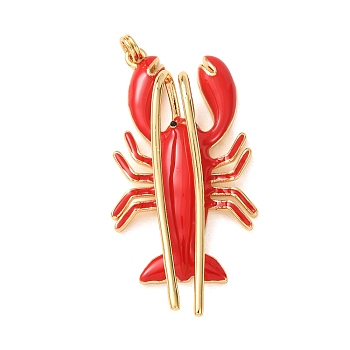 Brass with Enamel Pendants, Lobster Charms, Rack Plating, Long-Lasting Plated, Lead Free & Cadmium Free, Real 18K Gold Plated, Red, 48x26x10mm, Hole: 3mm