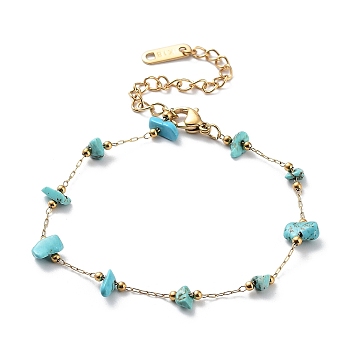 Synthetic Turquoise Chips Beaded Chain Bracelets, with Golden 316 Surgical Stainless Steel Chains, 6-7/8~7-1/8 inch(17.5~18cm)