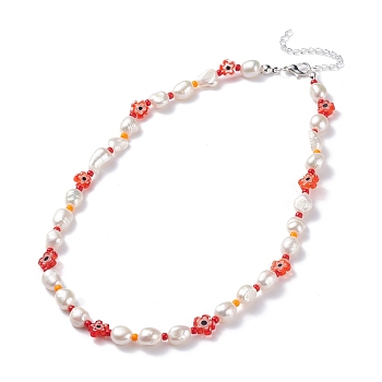 Natural Pearl Beaded Necklace, Handmade Flower Millefiori Glass Beads Necklace for Women, Silver, Red, 15.94 inch(40.5cm)