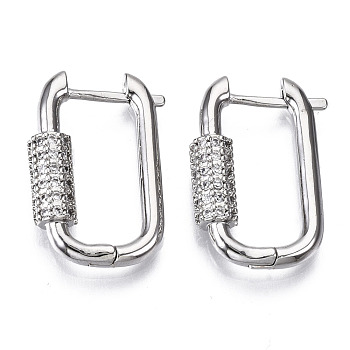 Brass Micro Pave Cubic Zirconia Huggie Hoop Earring, Oval, Nickel Free, Platinum, Clear, 22x15x5mm, Pin: 1.3mm