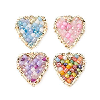 Golden Alloy Pendants, with Glass Seed Beaded, Heart Charms, Mixed Color, 22.5x21x3mm, Hole: 1.4mm