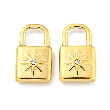 Vacuum Plating 304 Stainless Steel Charms, with Crystal Rhinestone, Padlock with Sun Charms, Real 18K Gold Plated, 13.5x8x3mm, Hole: 4x4mm