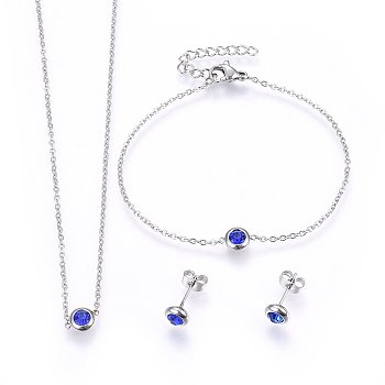 304 Stainless Steel Jewelry Sets, Pendant Necklaces & Stud Earrings & Bracelets, with Rhinestones, Flat Round, Blue, Stainless Steel Color, 16.54 inch(42cm), 6-3/4 inch(17cm), 6.5x3.5mm, Pin: 0.8mm