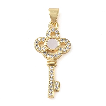 Brass Micro Pave Clear Cubic Zirconia Pendant, with Shell, Key, Real 18K Gold Plated, 27.5x13x2.5mm, Hole: 4x3.5mm