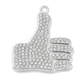 Alloy Rhinestone Pendants, Thumbs Up Hand, Platinum, 42.5x35x2.5mm, Hole: 2.5mm