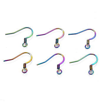 Ion Plating(IP) 304 Stainless Steel French Earring Hooks, Flat Earring Hooks, Ear Wire, with Beads and Horizontal Loop, Rainbow Color, 14.5x17~18mm, Hole: 2mm, 22 Gauge, Pin: 0.6mm