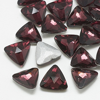 Pointed Back Glass Rhinestone Cabochons, Back Plated, Faceted, Triangle, Burgundy, 9.5x10x4mm