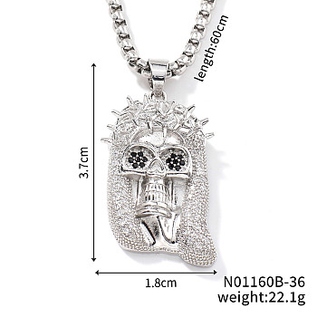 Brass Crystal Rhinestone Skull Crowned Jesus Pendant Box Chain Necklaces, Platinum, 23.62 inch(60cm)