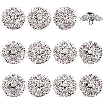 12PC 1-Hole Alloy Buttons, with Rhinestone, Flat Round, Platinum, 20x10.5mm, Hole: 2mm