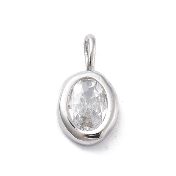 925 Sterling Silver Cubic Zirconia Oval Charms, Birthstone Charms with 925 Stamp, Silver Color Plated, Clear, 14.5x8x3mm, Hole: 3.5x2mm