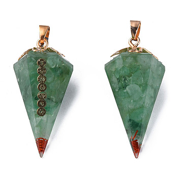 Natural Green Aventurine Chip Pendants, Cone Charm, with Resin and Light Gold Plated Brass Findings, 39x19x19mm, Hole: 3x4mm