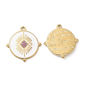 Vacuum Plating 201 Stainless Steel Enamel Pendants, with Rhinestones, Real 18K Gold Plated, Flat Round Charm, Light Rose, 24.5x23x2.5mm, Hole: 1.4mm