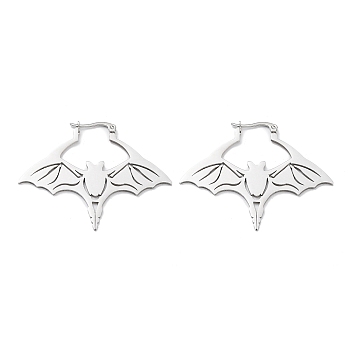 304 Stainless Steel Bat Hoop Earrings for Women, Stainless Steel Color, 41x51.5x1~2mm