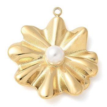 304 Stainless Steel Pendants, with ABS Imitation Pearl, Manual Polishing, Flower Charm, Ion Plating(IP), Golden, 25x23x6mm, Hole: 1.4mm