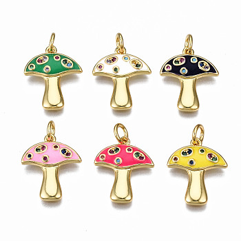 Autumn Theme Brass Micro Pave Cubic Zirconia Enamel Pendants, with Jump Rings, Nickel Free, Mushroom,Real 16K Gold Plated, Mixed Color, 16.5x14x2mm, Jump Ring: 5x0.8mm, 3mm inner diameter