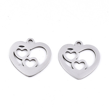201 Stainless Steel Charms, Laser Cut, Hollow, Heart with Heart, Stainless Steel Color, 14x14x0.9mm, Hole: 1.4mm