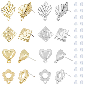32Pcs 8 Style Alloy Stud Earring Findings, with Horizontal Loops and 304 Stainless Steel Steel Pins, Leaf & Flower & Rhombus & Heart, Platinum & Light Gold, 13~23.5x11~17.5mm, Hole: 1.2~1.8mm, Pin: 0.7mm, 4Pcs/style