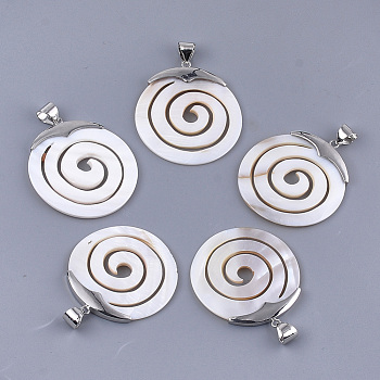 Freshwater Shell Pendants, with Alloy Findings, Flat Round with Vortex, Platinum, 49.5x44.5x4mm, Hole: 6x8mm