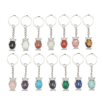 Natural & Synthetic Mixed Gemstone Keychain, with Brass Findings and Alloy Split Key Rings, Owl, Platinum, 7.8cm