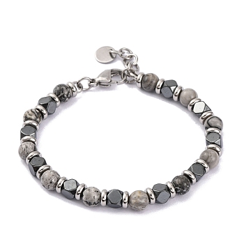 Natural Map Stone & Magnetic Synthetic Hematite Round Beaded Bracelet, 8-1/4 inch(21cm)