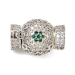 Brass Micro Pave Cubic Zirconia Box Clasps, Round with Flower, Platinum, 17x14x12mm, Hole: 5x1.3mm(KK-G505-41P)