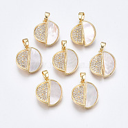 Brass Micro Pave Clear Cubic Zirconia Pendants, with White Sea Shell, Nickel Free, Cross Half Round, Real 18K Gold Plated, 17x15x2mm, Hole: 2x4mm(KK-Q277-007-NF)