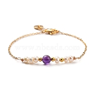 Natural Amethyst Beaded Bracelets, with Natural Pearl Beads, Brass Cable Chains & Beads & Charms, 304 Stainless Steel Lobster Claw Clasps, 7-1/4 inch~7-1/2 inch(18.5~19cm)(BJEW-JB05327-01)