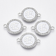 Alloy Enamel Links Connectors, with Crystal Rhinestones, Flat Round with Letter, Silver Color Plated, Letter.E, 22x16x2mm, Hole: 1.8mm(ENAM-TAC0003-01S-04E)