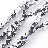 Electroplate Glass Beads Strands, Faceted, Bicone, Silver, 4x4mm, Hole: 1mm, about 92~96pcs/strand, 13.78~14.37 inch.(X-EGLA-S057-4)