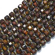 Dyed Natural Red Tiger Eye Beads Strands, with Seed Beads, Faceted Table Cut Cube, 8x8x8mm, Hole: 0.6mm, about 38pcs/strand, 15.35''(39cm)(G-K389-A05-01)