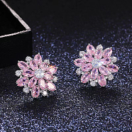 Brass Micro Pave Cubic Zirconia Stud Earrings, Flower, Pink, 20mm(LM0648-6)