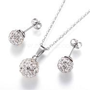 304 Stainless Steel Jewelry Sets, Pendant Necklaces and Ball Stud Earrings, with Polymer Clay Rhinestones, Round, Crystal, 17.7 inch(45cm), 8mm, Pin: 0.8mm(SJEW-H054-03B)