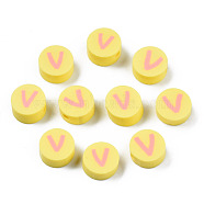 Handmade Polymer Clay Beads, Flat Round with Alphabet, Yellow, Letter.V, 9x3.5~5mm, Hole: 1.6mm(CLAY-N011-031V)