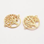 Brass Micro Pave Grade AAA Cubic Zirconia Links, Long-Lasting Plated, Tree of Life, Cadmium Free & Nickel Free & Lead Free, Real 18K Gold Plated, 24x17x2mm, Hole: 1mm(ZIRC-G090-95G-NR)