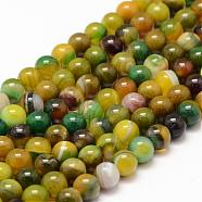 Natural Striped Agate/Banded Agate Bead Strands, Round, Grade A, Dyed & Heated, Yellow Green, 6mm, Hole: 1mm, about 62~63pcs/strand, 14.5 inch(G-K155-A-6mm-08)