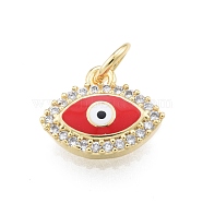 Brass Micro Pave Clear Cubic Zirconia Charms, with Enamel and Jump Rings, Golden, Evil Eye, Red, 10x12x2.5mm, Hole: 3mm(KK-I691-05C)