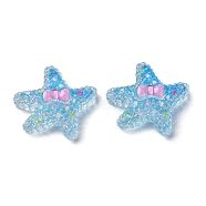 Transparent Epoxy Resin Decoden Cabochons, with Paillettes, Starfish with Bowknot, Deep Sky Blue, 22x22.5x8.5mm(CRES-I030-10A)