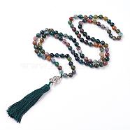 Tassel Pendant Necklaces, with Natural Indian Agate Beads, Buddha Head, 31.1 inch~33 inch(79~84cm)(NJEW-P191-A07)