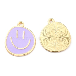 Alloy Enamel Pendants, Golden, Flat Round with Smiling Face Charm, Lilac, 24.5x20x1.5mm, Hole: 2mm(ENAM-D051-18G-06)