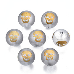 Electroplate Glass Beads, Frosted, Round with Skull Pattern, Gold, 10mm, Hole: 1.5mm, about 200pcs/bag(EGLA-T009-26D)