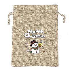 Christmas Printed Burlap Packing Pouches Drawstring Bags, Rectangle, Tan, Snowman, 18x13x0.01cm(ABAG-Q053-02B-01)