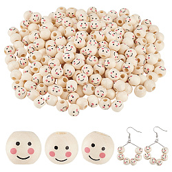 Elite Printed Natural Wood European Beads, Large Hole Beads, Round with Smiling Face, Undyed, PapayaWhip, 10mm, 300pcs/set(WOOD-PH0002-79A)