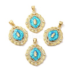 Rack Plating Brass Micro Pave Cubic Zirconia with Synthetic Opal Pendants, with Jump Ring, Lead Free & Cadmium Free, Long-Lasting Plated, Oval with Saint, Real 18K Gold Plated, Cyan, 26x21x4mm, Hole: 5x3.5mm(KK-D088-29G-01)