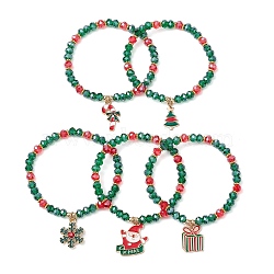 5Pcs Christmas Theme Glass Beaded Stretch Bracelets, Alloy Enamel Charm Bracelets, Snowflake/Gift/Christmas Tree, Green, Inner Diameter: 2-1/4 inch(5.75cm), 5pcs/set(BJEW-JB11184)