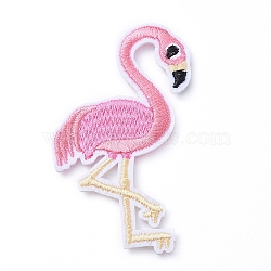Computerized Embroidery Cloth Iron on/Sew on Patches, Costume Accessories, Appliques, Flamingo Shape, Pink, 68x40x1.5mm(X-DIY-E025-G01)