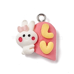 Opaque Resin Pandents, Platinum, Rabbit Charms with Letter L Pattern, White, 20x16.5x6.5mm, Hole: 2mm(RESI-M028-02C)