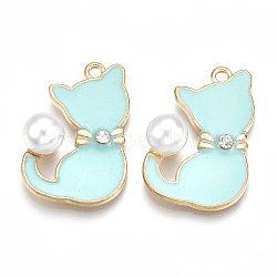 Alloy Enamel Kitten Pendants, Cadmium Free & Lead Free, with Rhinestone and ABS Plastic Imitation Pearl, Cat with Bowknot Shape, Light Gold, Crystal, Pale Turquoise, 30x20x9mm, Hole: 2mm(X-ENAM-S115-045D)