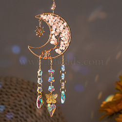Moon with Tree of Life Natural Rose Quartz Chip Pendant Decorations, Hanging Suncatchers, with Glass Heart/Diamond and Metal Butterfly Link, for Home Car Decorations, Clear AB, 385mm(AJEW-Q143-06)