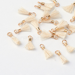 Polycotton(Polyester Cotton) Tassel Pendant Decorations, with Unwelded Iron Jump Rings, Golden, PapayaWhip, 10~16x2mm, Hole: 1.5mm(X-OCOR-S102-19)
