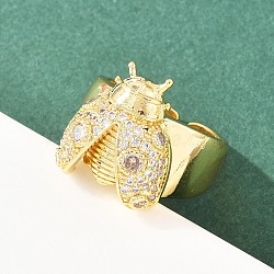 Ladybug Brass Micro Pave Cubic Zirconia Cuff Rings for Women, Rack Plating, Long-Lasting Plated, Lead Free & Cadmium Free, Real 18K Gold Plated, Clear, Adjustable, Tray: 18.5x16.5mm(RJEW-A088-09A-G)